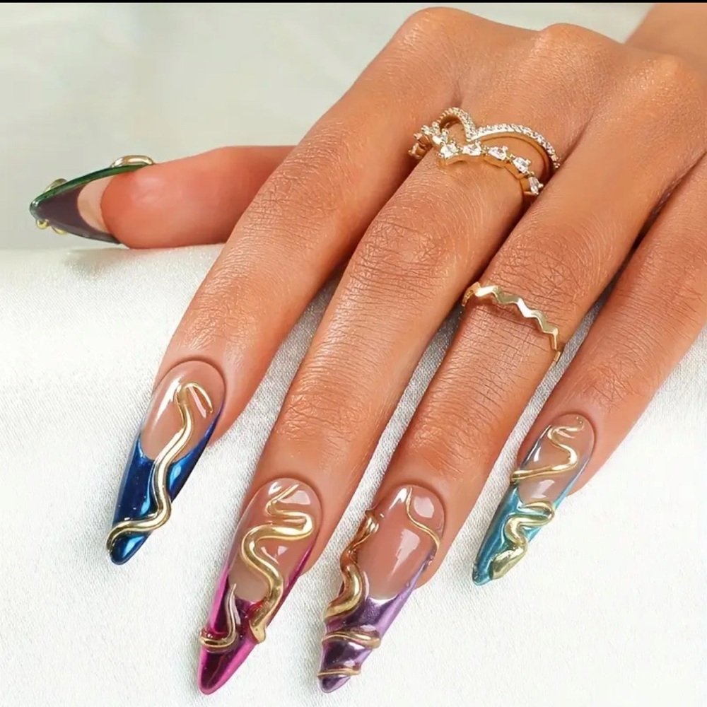 Colorful 3D Swirl Press On Nail Art reusable long length multicolor French tip